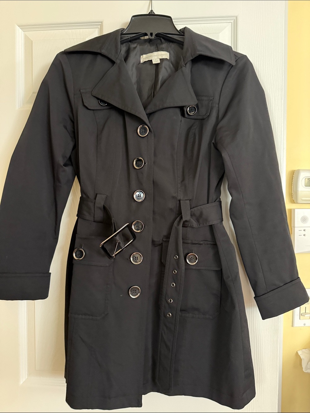 New York & Company Black Double-Breasted Trench Coat with Belt